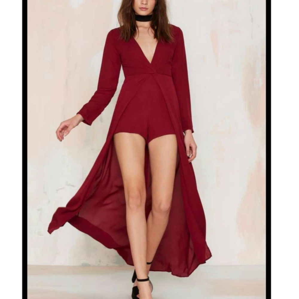 Lioness deep v asymmetrical burgundy romper maxi dress gown playsuit jumpsuit XS